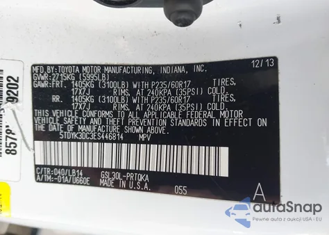 2014 Toyota Sienna Xle V6 8 Passenger z USA, uszkodzony, nr VIN 5TDYK3DC3ES446814